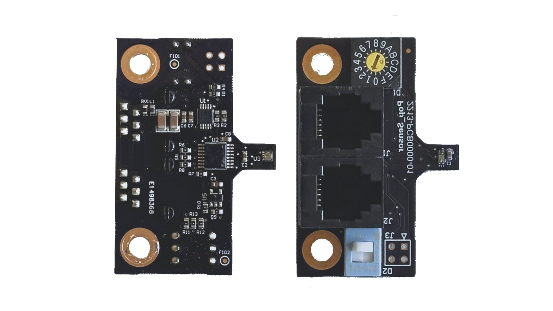 Zwei unterschiedliche elektronische Komponenten auf einer weissen Oberfläche, die die Bildüberwachungssensoren von Parasigna präsentieren.